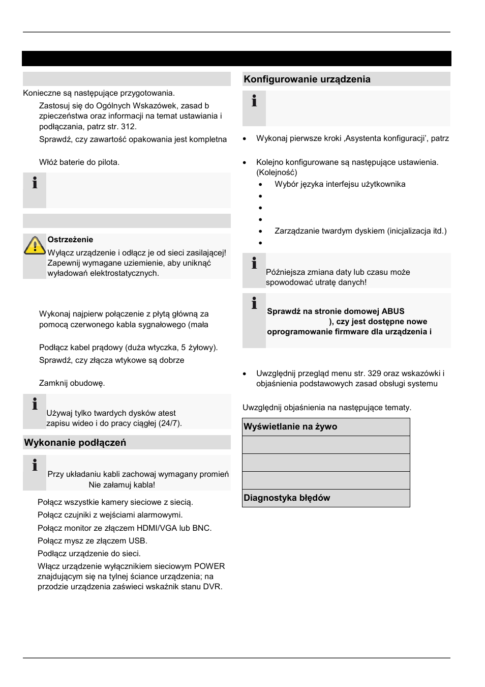 Skrócona instrukcja, Zanim zaczniesz, Instalacja twardego dysku | Wykonanie podłączeń, Konfigurowanie urządzenia | ABUS TVVR45021 Operating instructions User Manual | Page 400 / 458