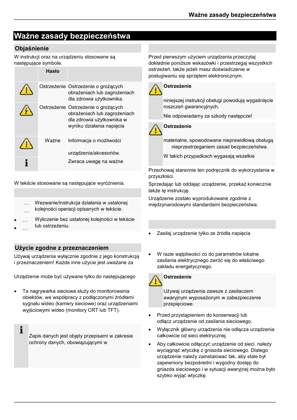 Ważne zasady bezpieczeństwa, Objaśnienie symboli, Użycie zgodne z przeznaczeniem | Ogólne informacje, Zasilanie elektryczne | ABUS TVVR45021 Operating instructions User Manual | Page 401 / 458