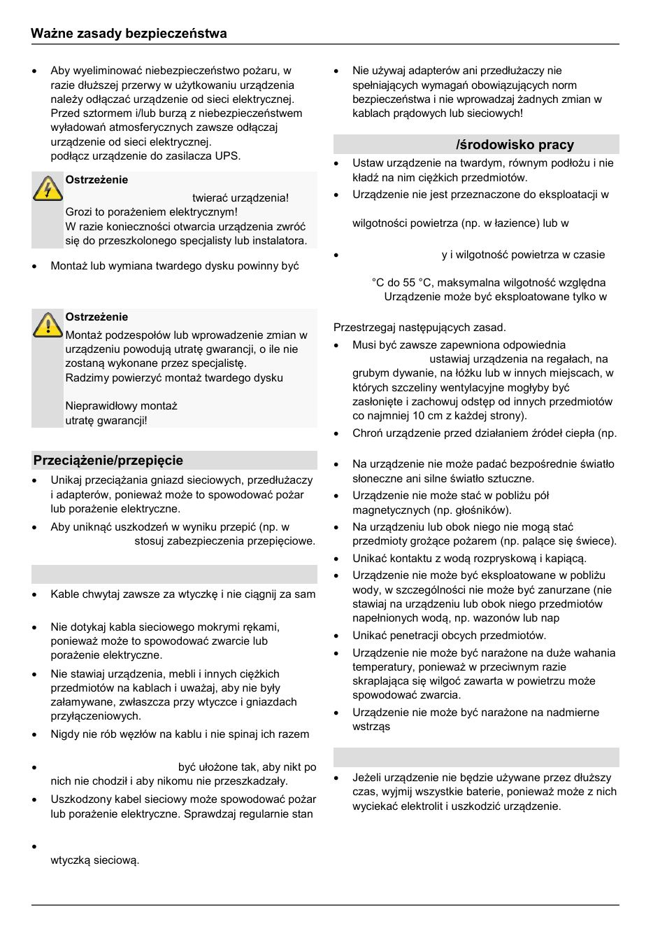 Ważne zasady bezpieczeństwa, Przeciążenie/przepięcie, Kable | Miejsce ustawienia /środowisko pracy, Pilot | ABUS TVVR45021 Operating instructions User Manual | Page 402 / 458