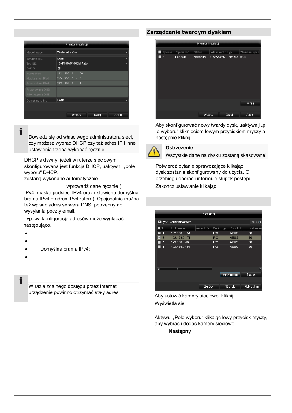 Asystent konfiguracji, Ustawienia sieci, Zarządzanie twardym dyskiem | Ustawianie kamer sieciowych | ABUS TVVR45021 Operating instructions User Manual | Page 412 / 458