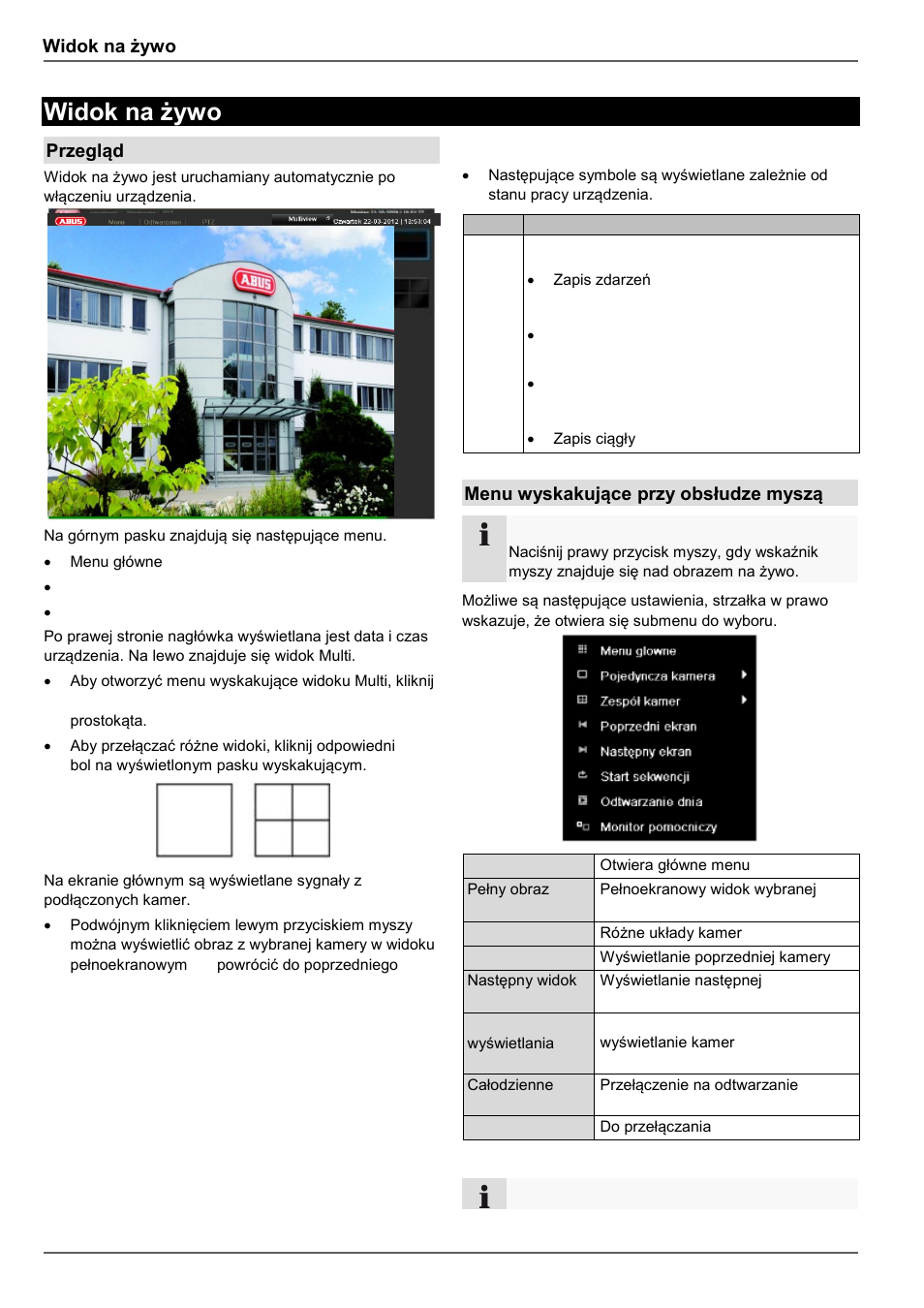 Symbole stanu, Widok na żywo, Przegląd | Menu wyskakujące przy obsłudze myszą | ABUS TVVR45021 Operating instructions User Manual | Page 414 / 458