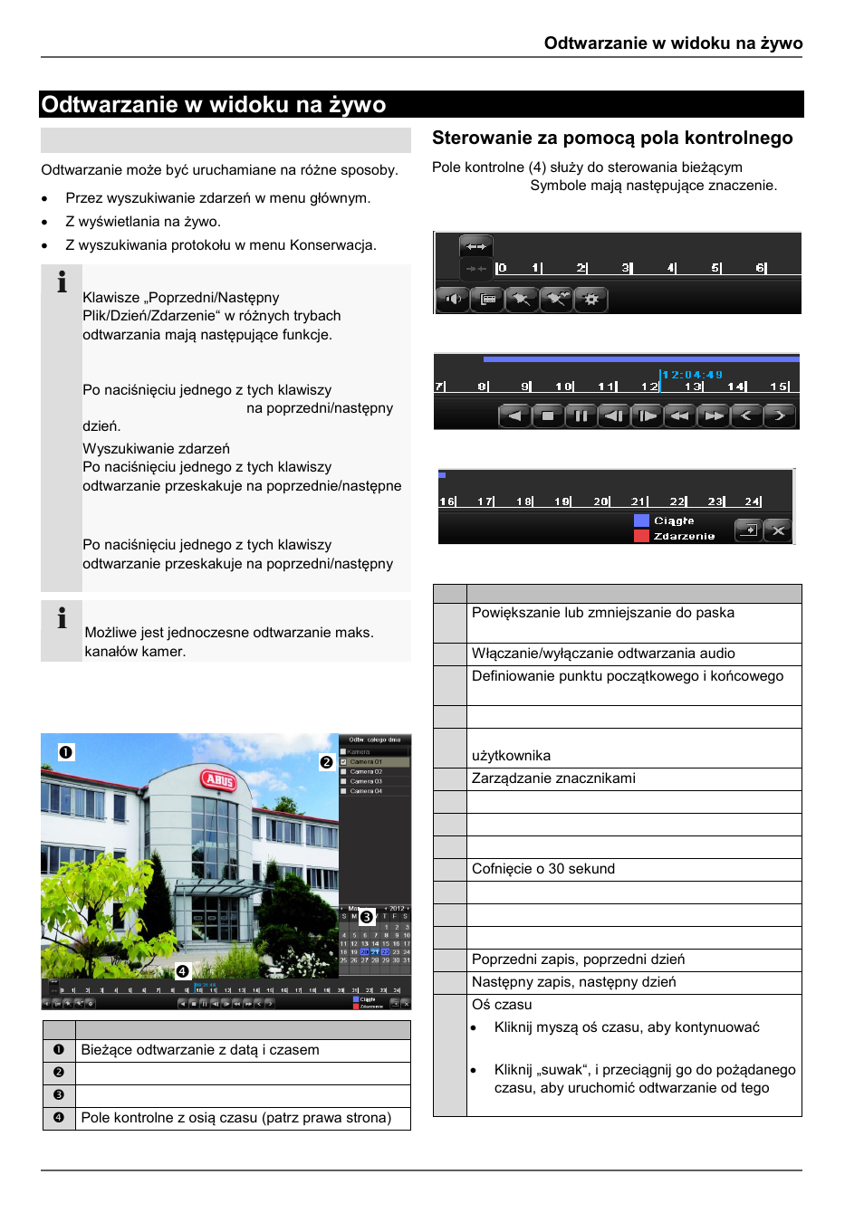Ekran odtwarzania, Sterowanie za pomocą pola kontrolnego, Odtwarzanie w widoku na żywo | Ogólne | ABUS TVVR45021 Operating instructions User Manual | Page 417 / 458