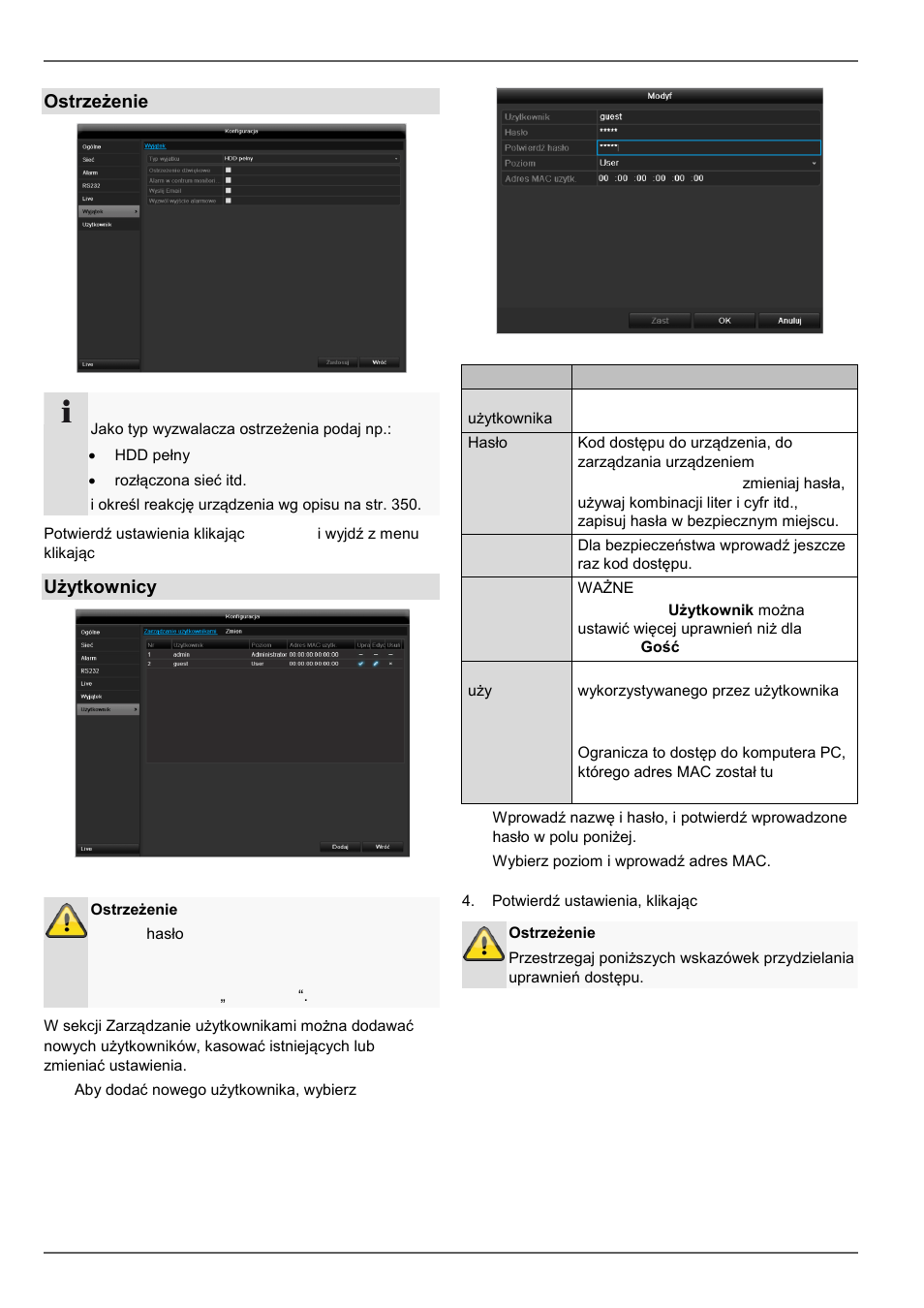 Konfiguracja, Ostrzeżenie, Użytkownicy | ABUS TVVR45021 Operating instructions User Manual | Page 429 / 458