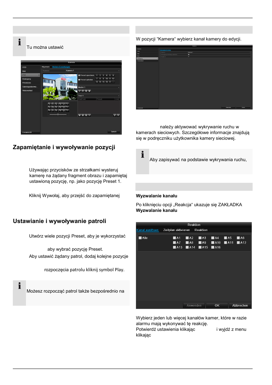 Zapamiętanie i wywoływanie pozycji preset, Ustawianie i wywoływanie patroli, Konfiguracja | Ruch, Reakcja | ABUS TVVR45021 Operating instructions User Manual | Page 432 / 458