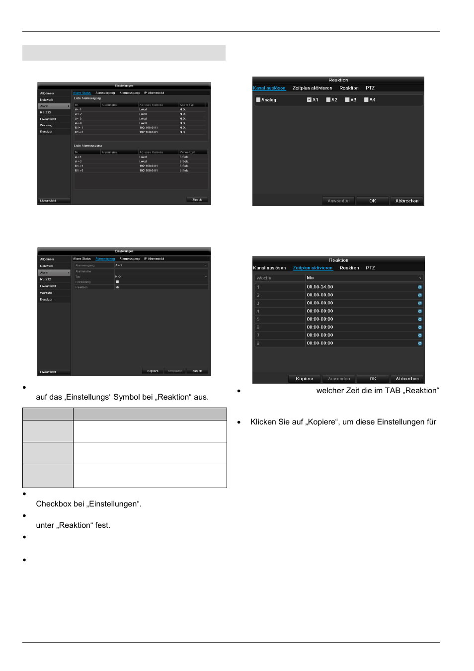 Konfiguration, Alarm alarm status, Alarmeingang | Reaktion | ABUS TVVR45021 Operating instructions User Manual | Page 46 / 458
