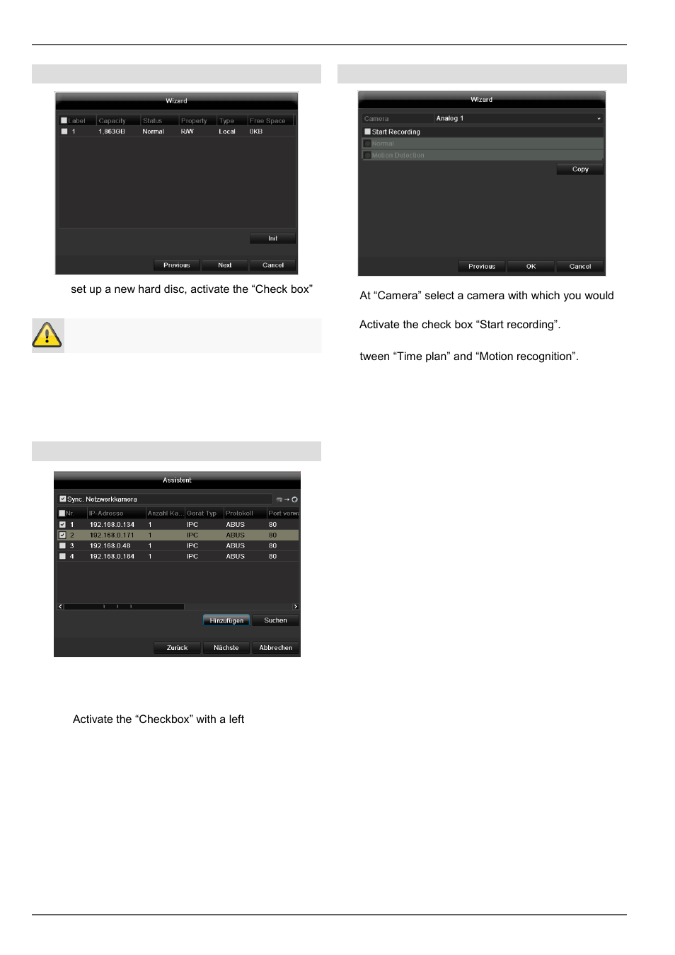 Setup wizard, Hdd management, Setting up network cameras | Camera recording | ABUS TVVR45030 Operating instructions User Manual | Page 114 / 508