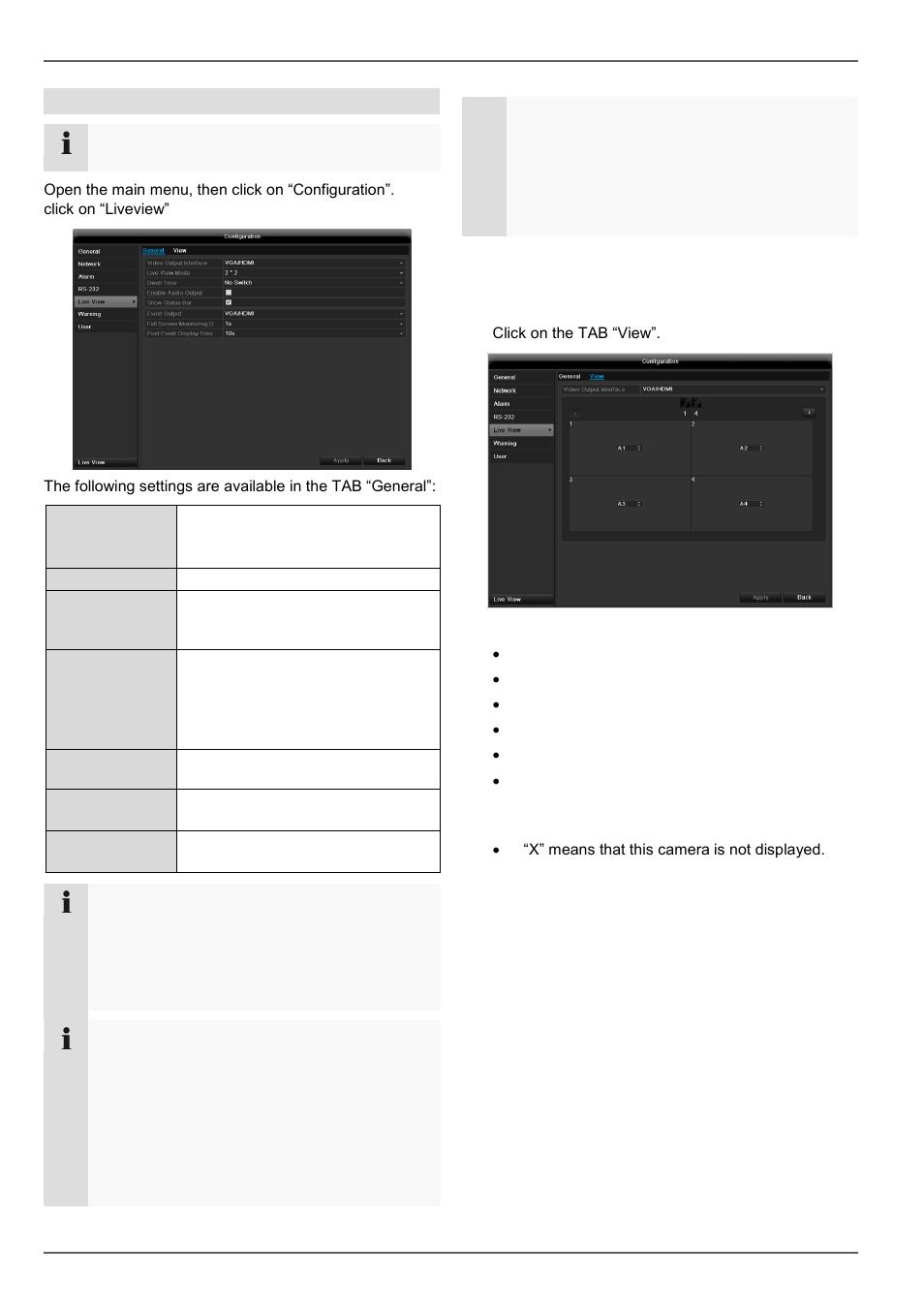 Setting the camera output, Live view, Settings | ABUS TVVR45030 Operating instructions User Manual | Page 117 / 508