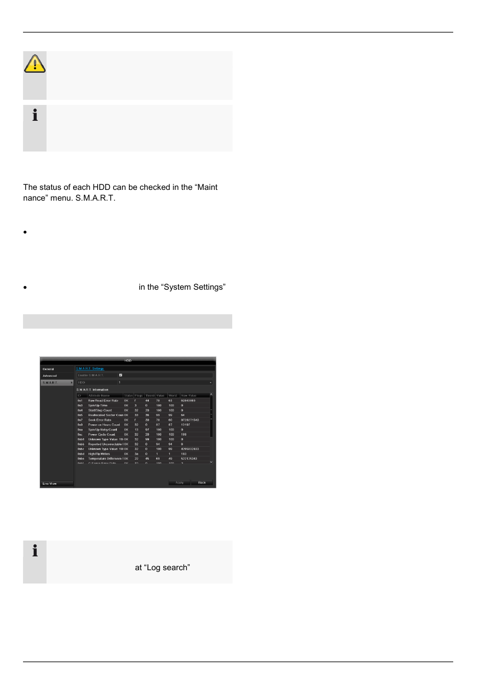 Checking the hdd status, Setting up the hdd alarm, Settings - configuration | S.m.a.r.t | ABUS TVVR45030 Operating instructions User Manual | Page 140 / 508