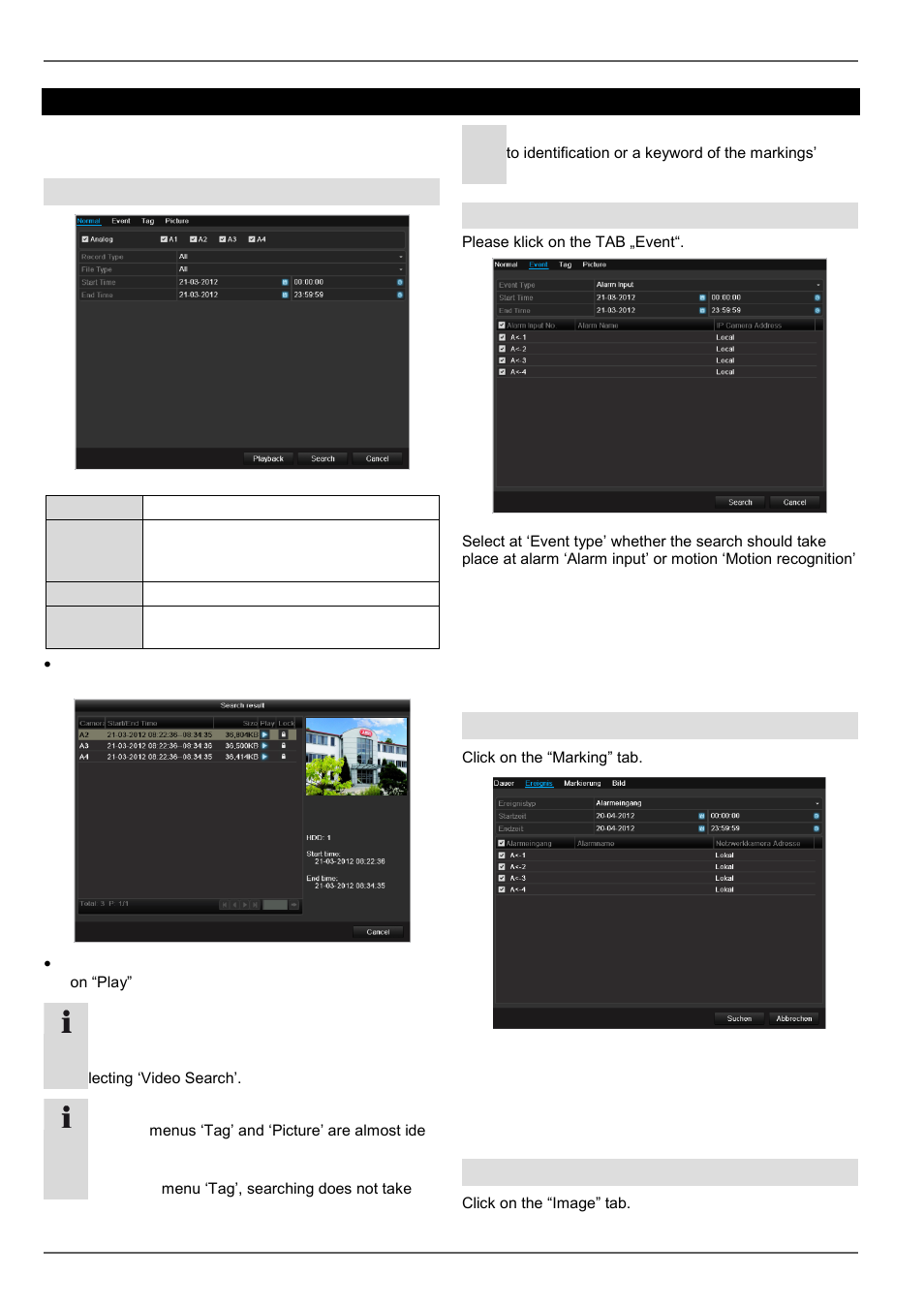 Playback, Settings - configuration, Continous recording | Event, Marking, Image | ABUS TVVR45030 Operating instructions User Manual | Page 141 / 508