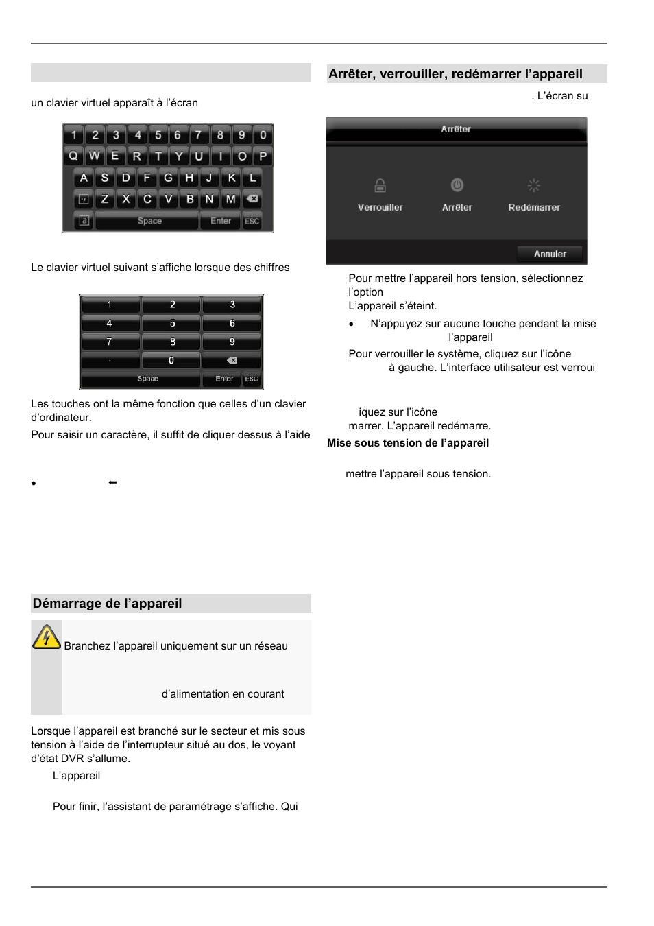Préface, Clavier virtuel, Démarrage de l’appareil | Arrêter, verrouiller, redémarrer l’appareil | ABUS TVVR45030 Operating instructions User Manual | Page 263 / 508