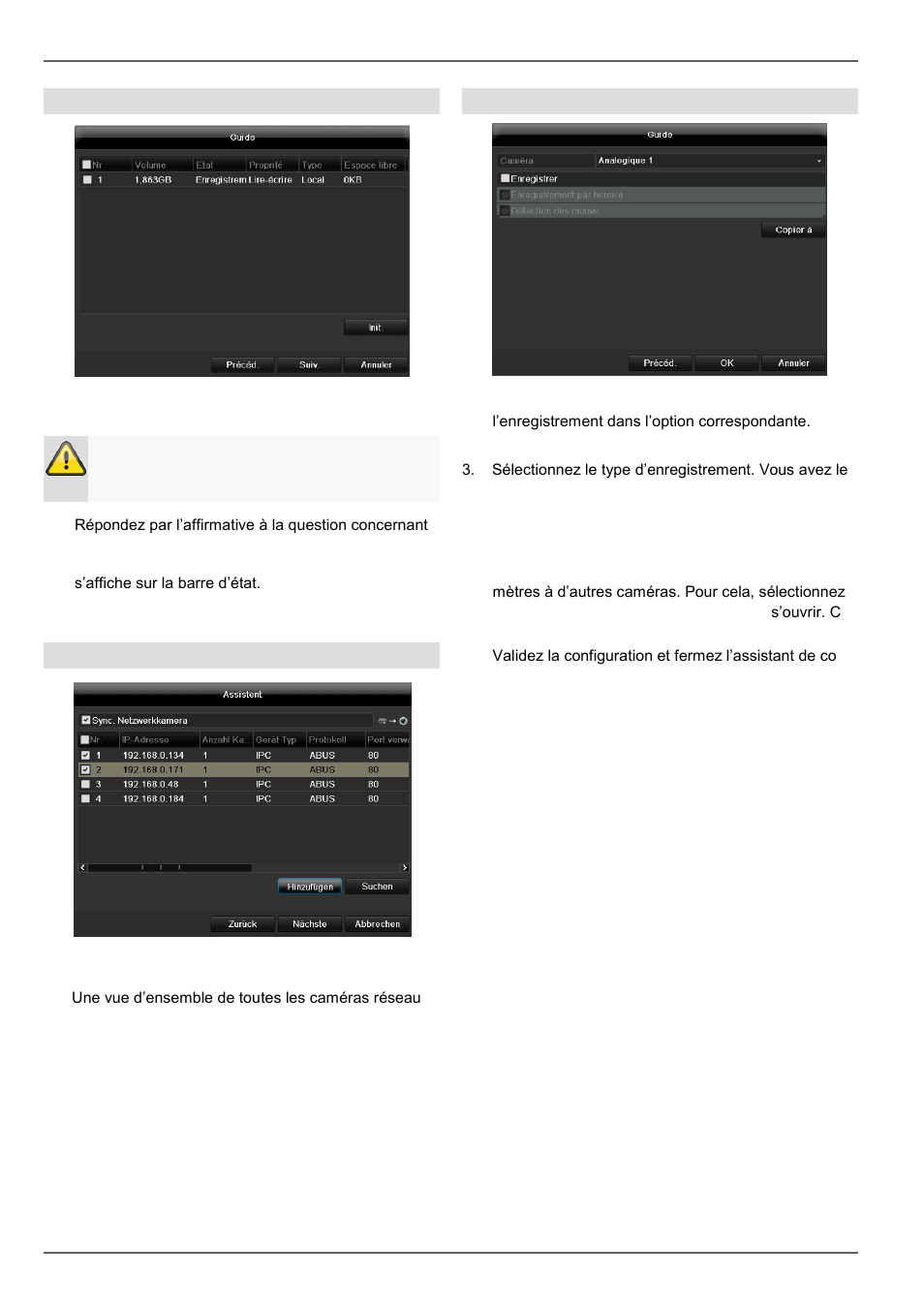 Assistant de paramétrage, Gestion des disques durs, Configuration de caméras réseau | Enregistrement caméra | ABUS TVVR45030 Operating instructions User Manual | Page 267 / 508