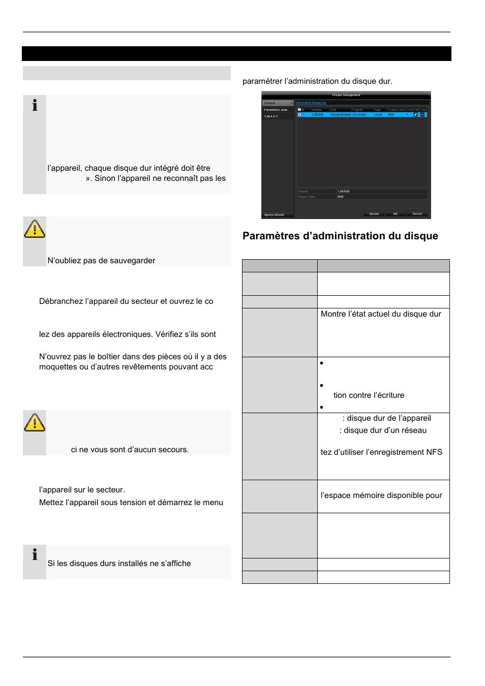 Monjours du disque dur, Paramètres d’administration du disque dur, Disque management | Disque | ABUS TVVR45030 Operating instructions User Manual | Page 291 / 508