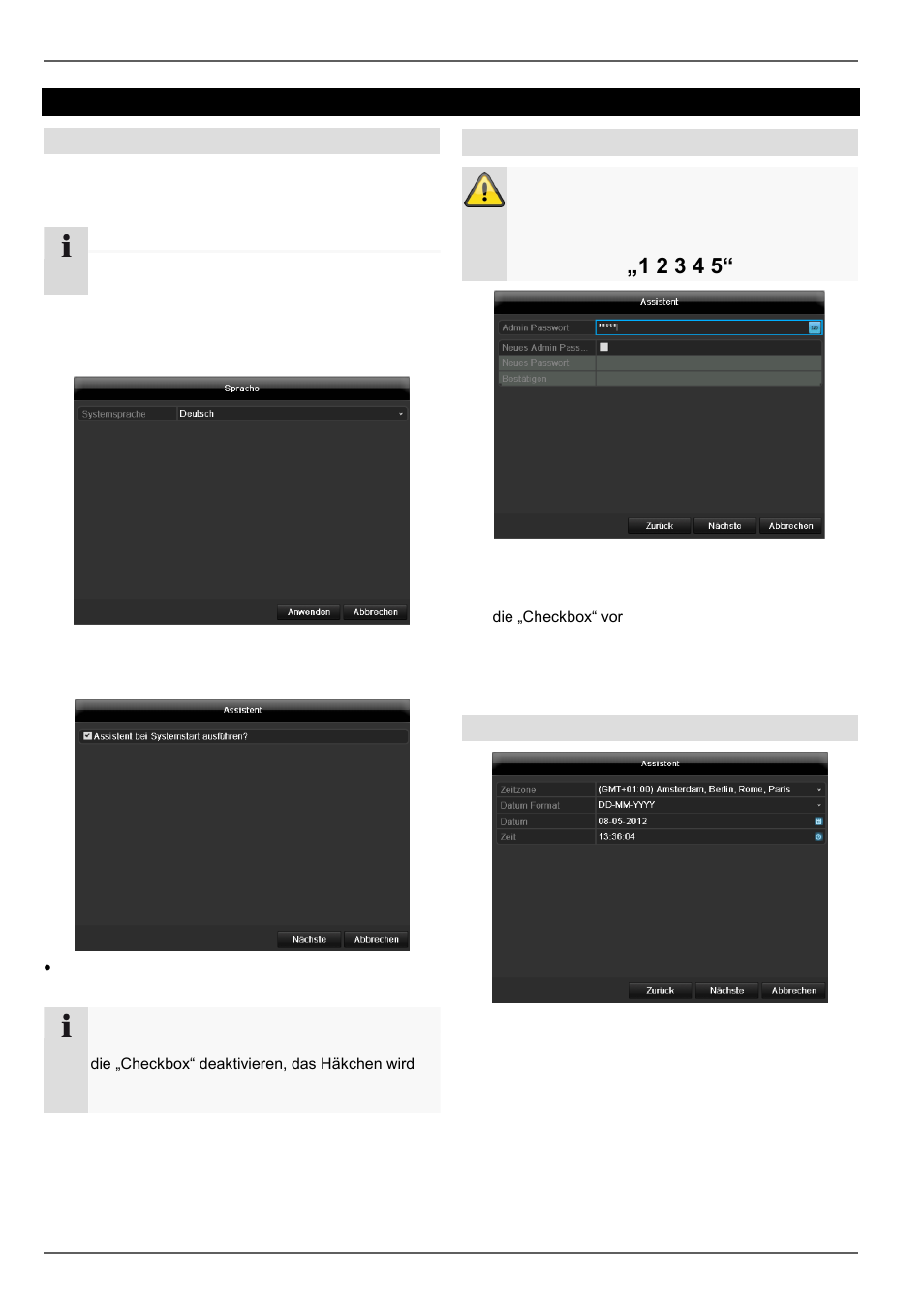 Einrichtungsassistent, System einrichten, Administrator einrichten | Systemzeit-/und datum | ABUS TVVR45030 Operating instructions User Manual | Page 33 / 508