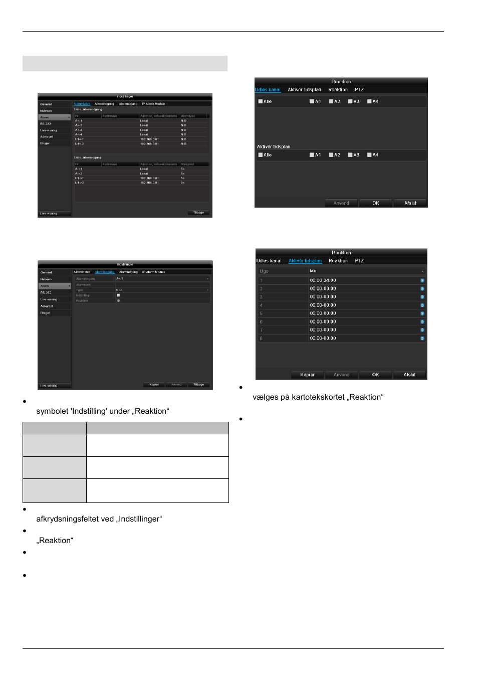 Konfigurering, Alarm alarmstatus, Alarmindgang | Reaktion | ABUS TVVR45030 Operating instructions User Manual | Page 345 / 508