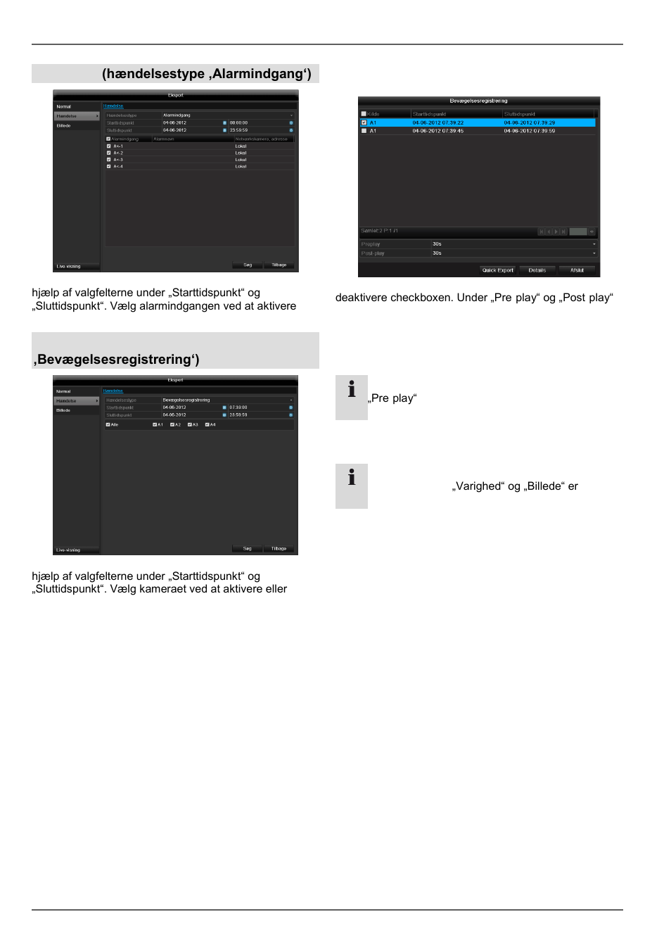 Video export, Hændelse (hændelsestype ‚alarmindgang‘), Hændelse (hændelsestype ‚bevægelsesregistrering‘) | ABUS TVVR45030 Operating instructions User Manual | Page 365 / 508