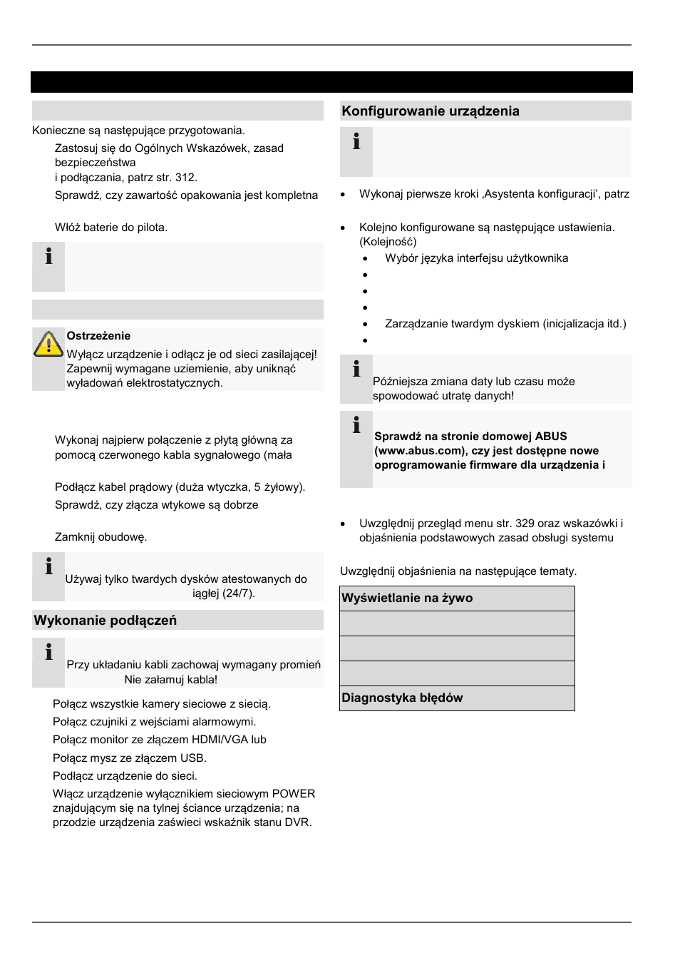 Skrócona instrukcja, Zanim zaczniesz, Instalacja twardego dysku | Wykonanie podłączeń, Konfigurowanie urządzenia | ABUS TVVR45030 Operating instructions User Manual | Page 382 / 508