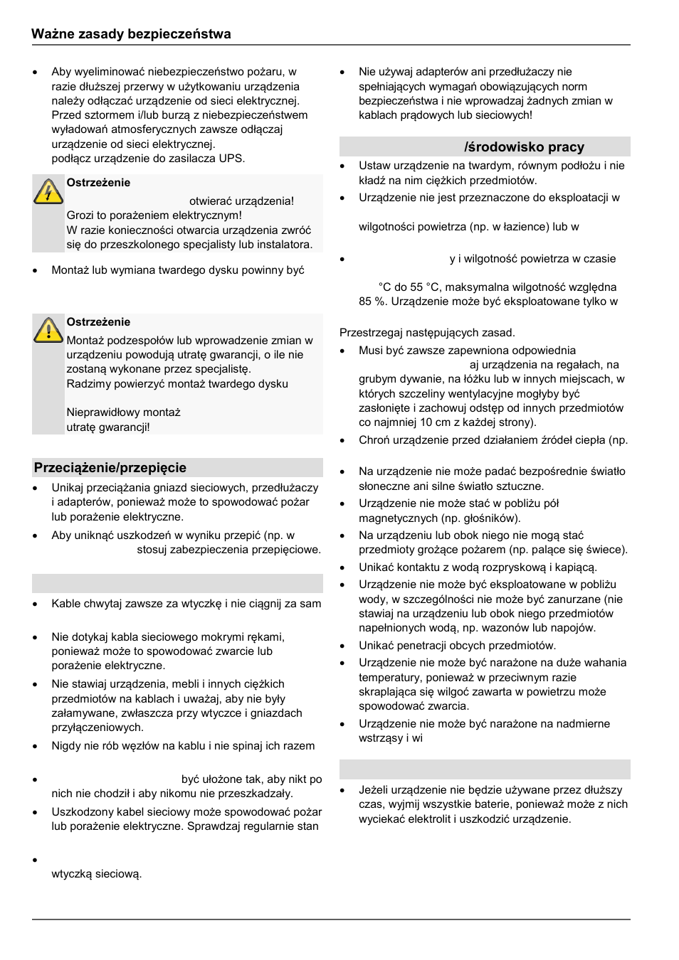 Ważne zasady bezpieczeństwa, Przeciążenie/przepięcie, Kable | Miejsce ustawienia /środowisko pracy, Pilot | ABUS TVVR45030 Operating instructions User Manual | Page 384 / 508