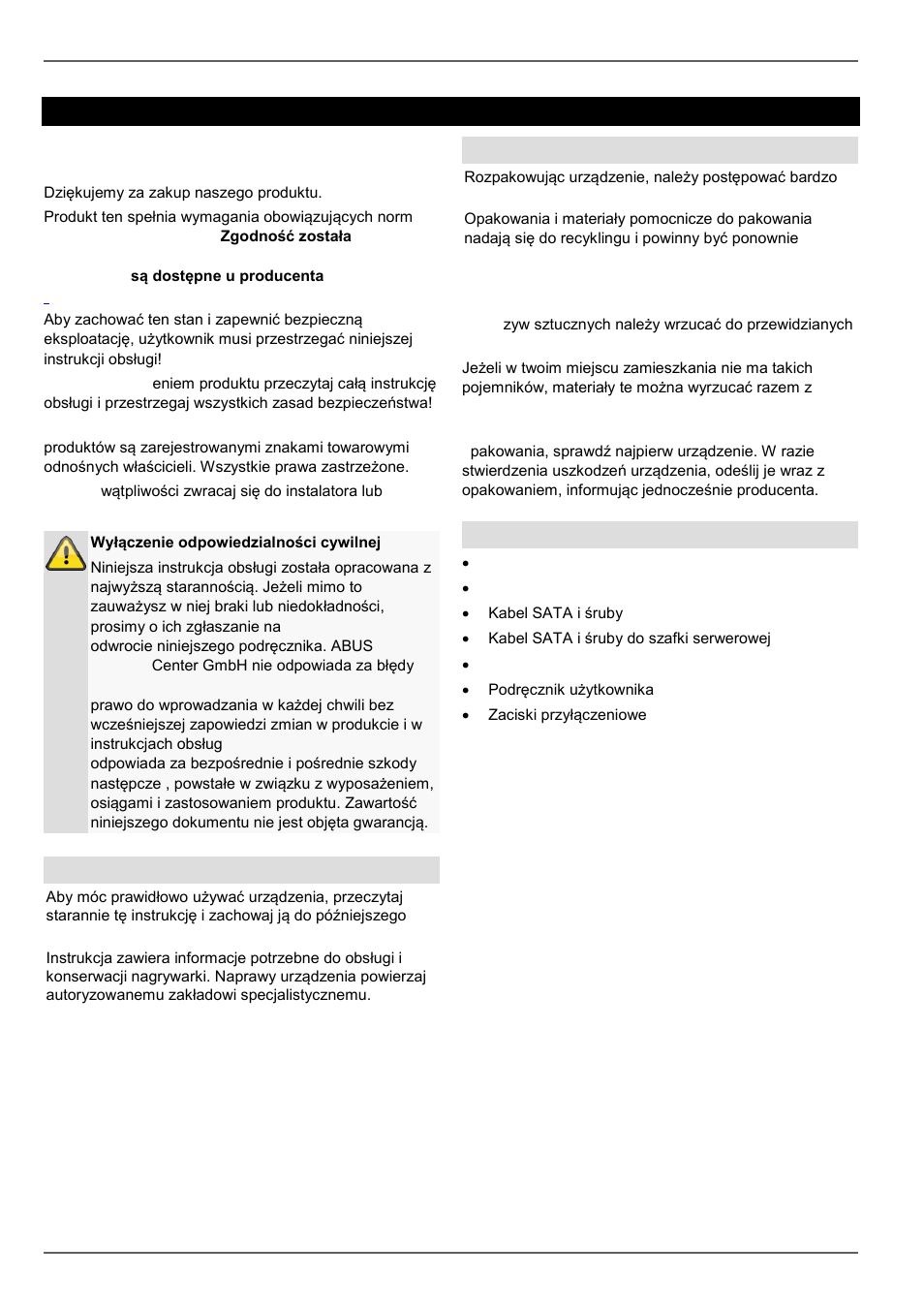 Wprowadzenie, Ogólne informacje, Rozpakowanie | Zakres dostawy | ABUS TVVR45030 Operating instructions User Manual | Page 386 / 508