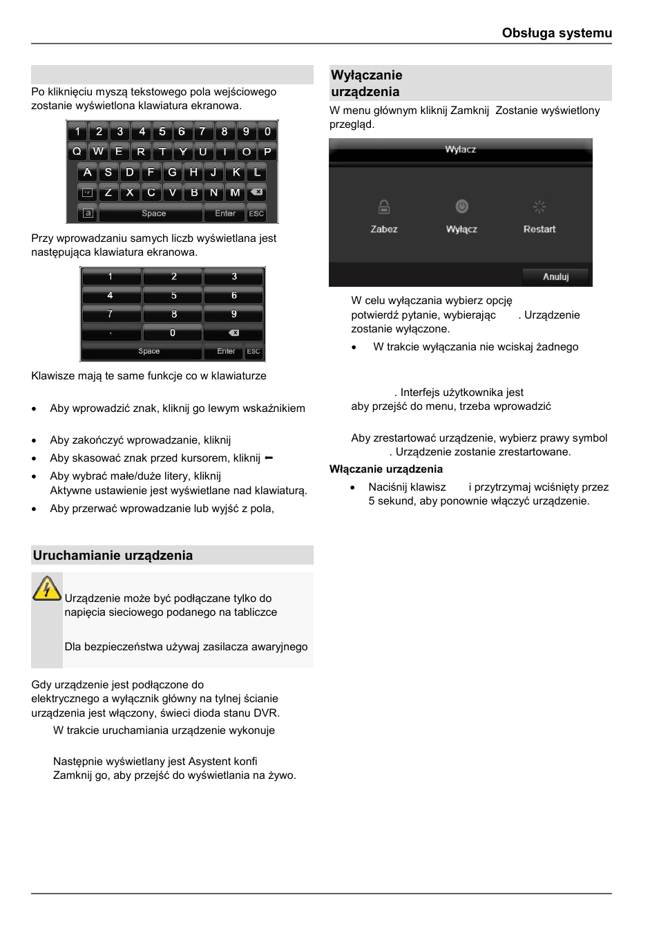 Obsługa systemu, Klawiatura ekranowa, Uruchamianie urządzenia | Wyłączanie, blokowanie, restartowanie urządzenia | ABUS TVVR45030 Operating instructions User Manual | Page 391 / 508