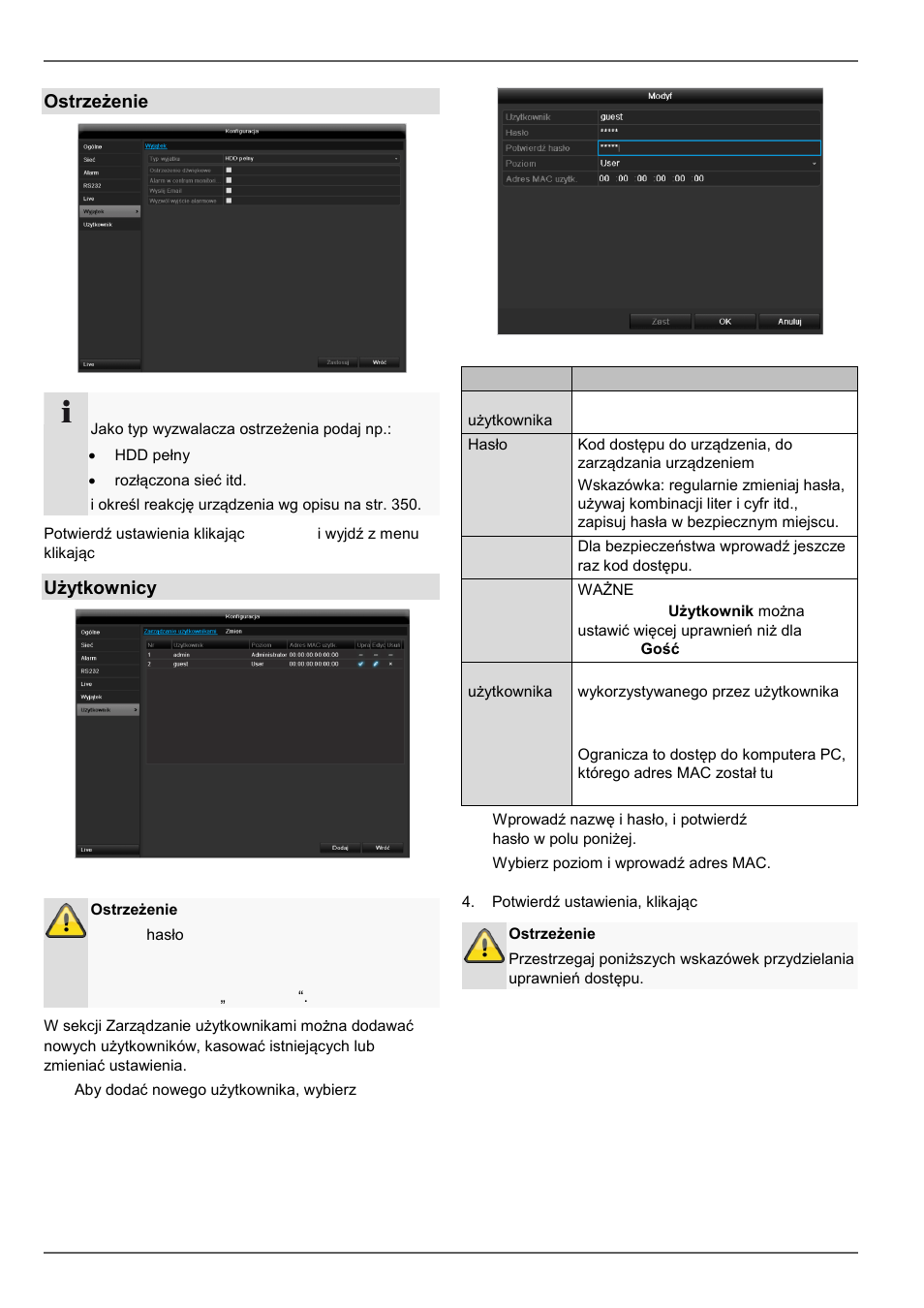 Konfiguracja, Ostrzeżenie, Użytkownicy | ABUS TVVR45030 Operating instructions User Manual | Page 411 / 508