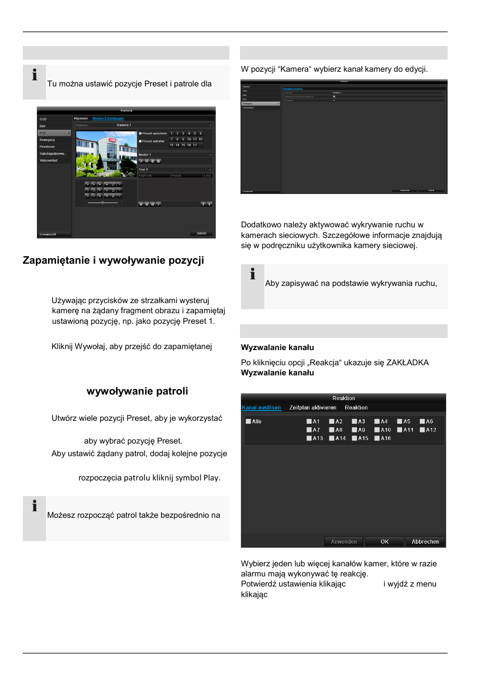 Zapamiętanie i wywoływanie pozycji preset, Ustawianie i wywoływanie patroli, Konfiguracja | Ruch, Reakcja | ABUS TVVR45030 Operating instructions User Manual | Page 414 / 508