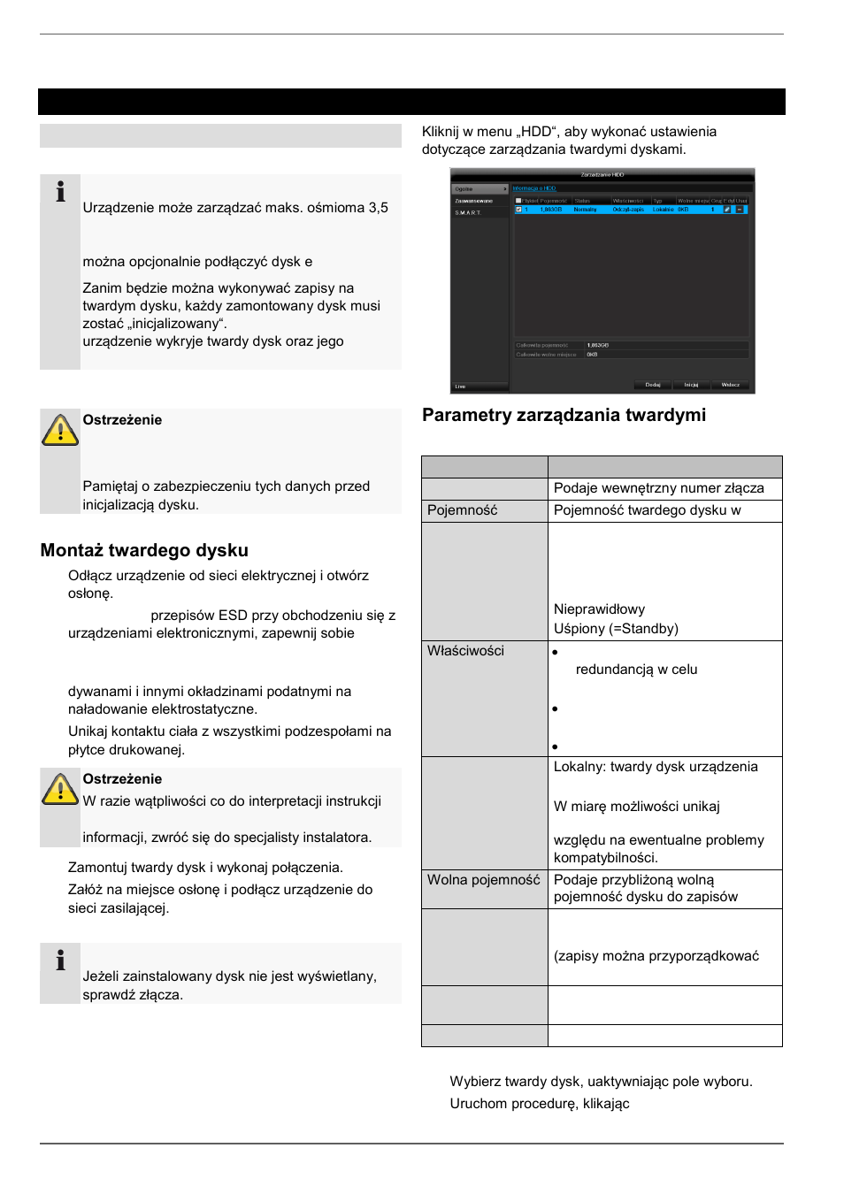 Zarzadzanie hdd, Montaż twardego dysku, Parametry zarządzania twardymi dyskami | Twarde dyski | ABUS TVVR45030 Operating instructions User Manual | Page 419 / 508