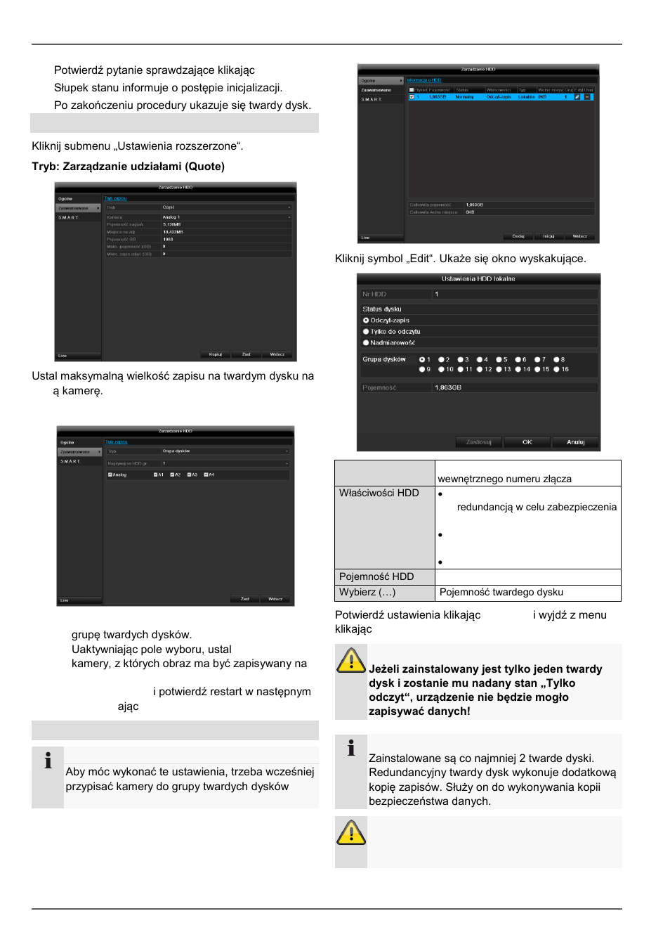 Zarzadzanie hdd, Ustawienia twardych dysków kamer, Ustawienia twardych dysków | ABUS TVVR45030 Operating instructions User Manual | Page 420 / 508