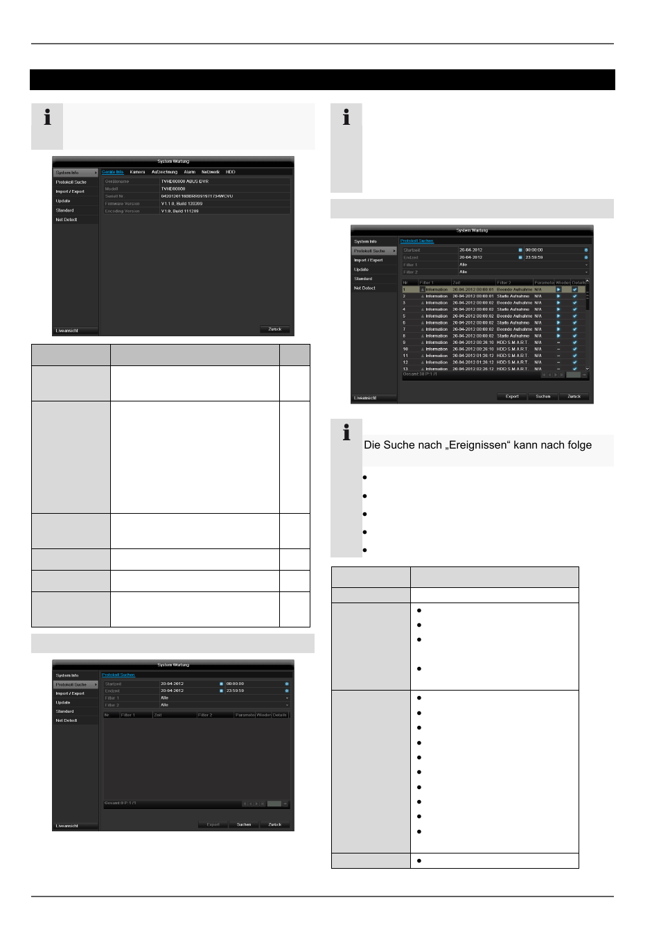 Wartung, System info, Protokoll suche | ABUS TVVR45030 Operating instructions User Manual | Page 64 / 508