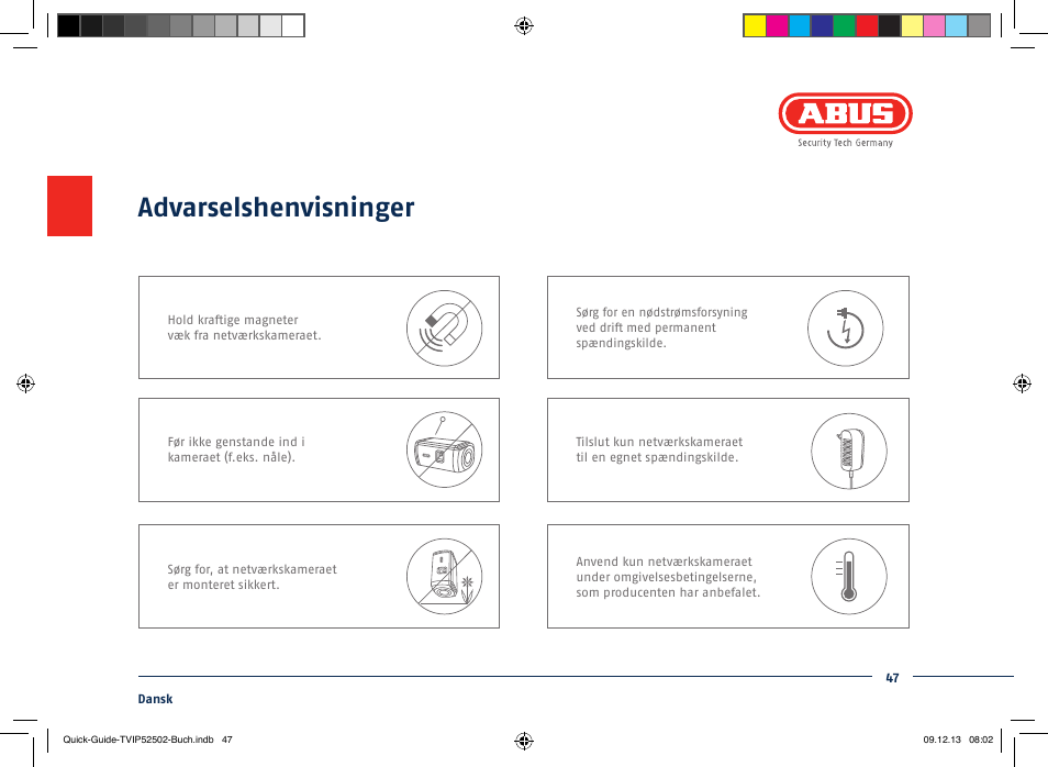 Advarselshenvisninger | ABUS TVIP52502 Quick operating instructions User Manual | Page 47 / 104
