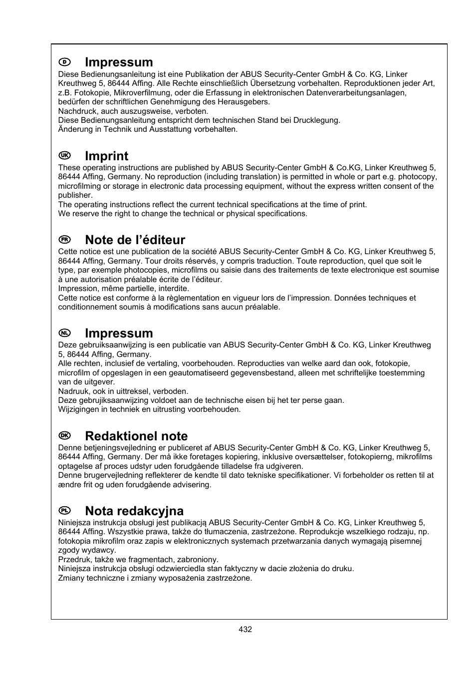D impressum, Uk imprint, Nl impressum | Pl nota redakcyjna | ABUS TVIP52502 Operating instructions User Manual | Page 384 / 385
