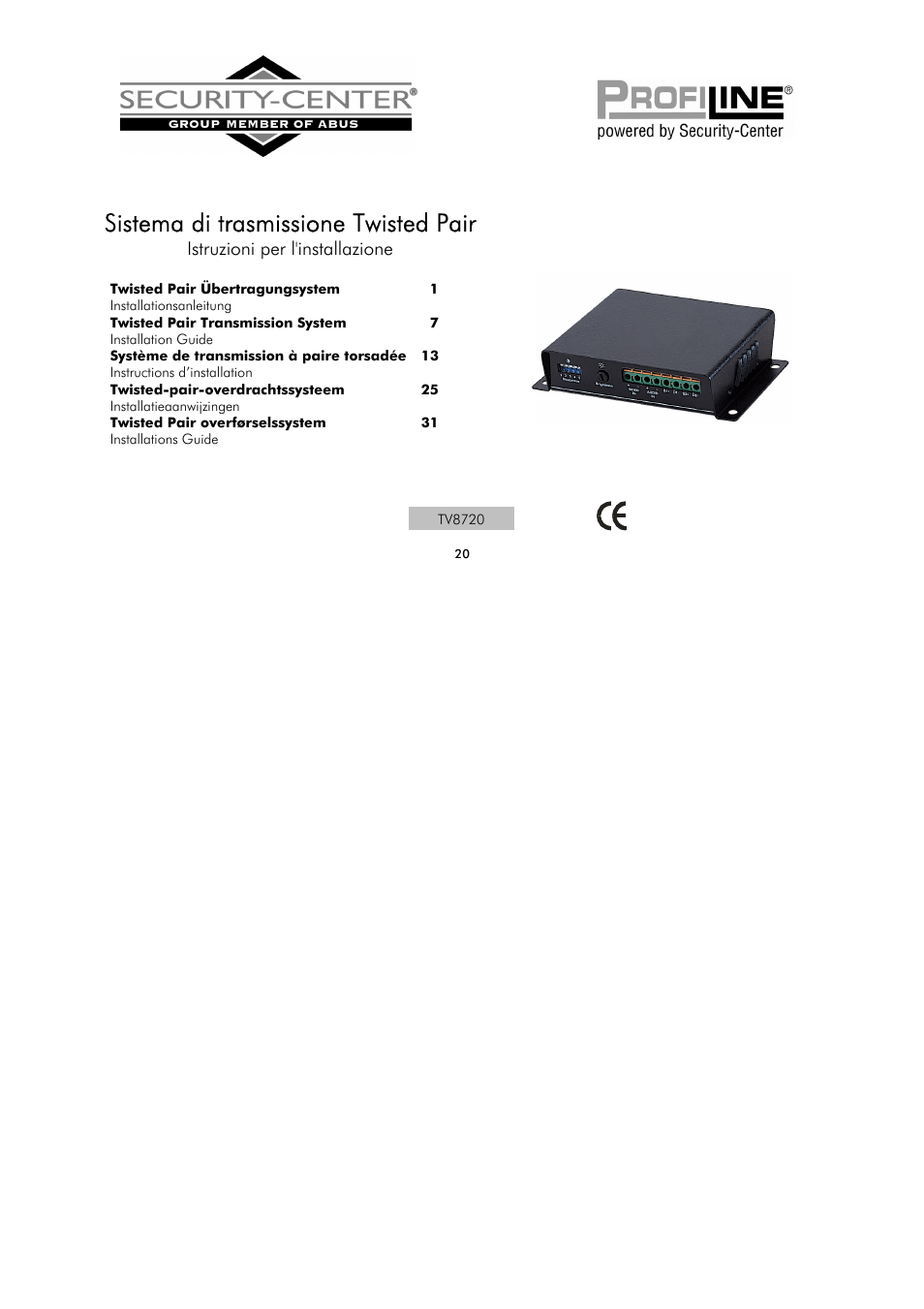 Sistema di trasmissione twisted pair, Istruzioni per l'installazione | ABUS TV8720 User Manual | Page 20 / 37