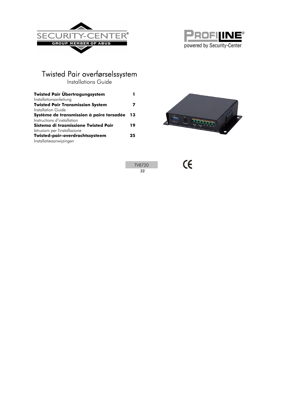Twisted pair overførselssystem, Installations guide | ABUS TV8720 User Manual | Page 32 / 37