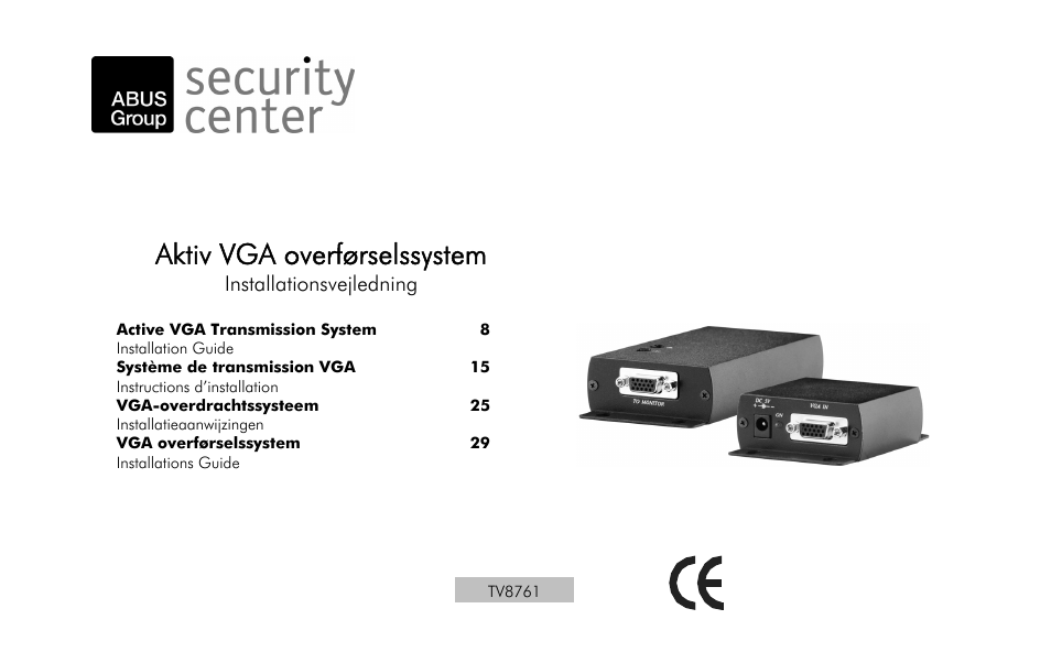 Aktiv vga overførselssystem, Installationsvejledning | ABUS TV8761 User Manual | Page 29 / 35