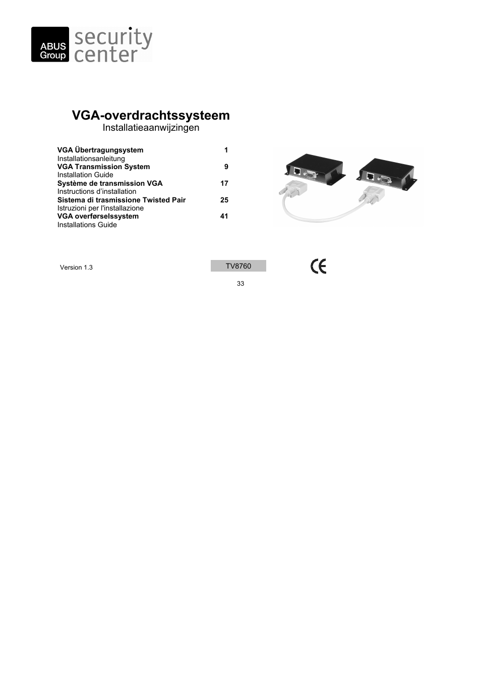 Vga-overdrachtssysteem, Installatieaanwijzingen | ABUS TV8760 User Manual | Page 33 / 48