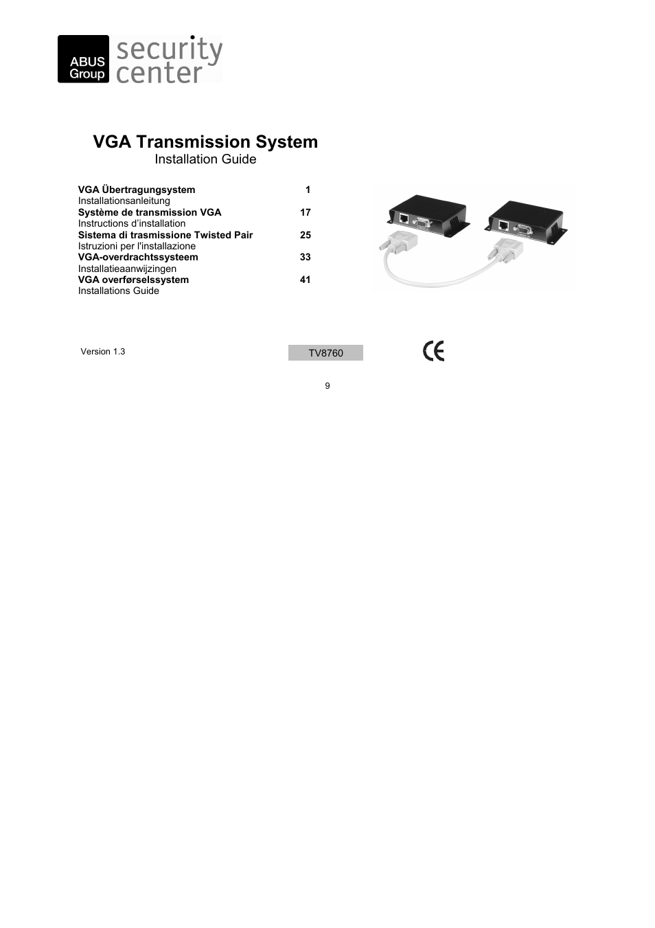 Vga transmission system, Installation guide | ABUS TV8760 User Manual | Page 9 / 48
