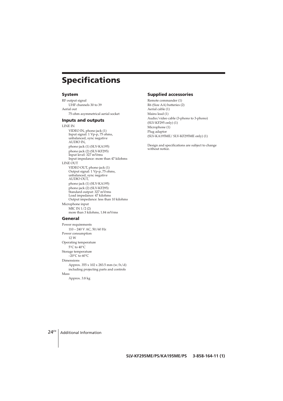 Specifications | Sony SLV-KF295ME User Manual | Page 24 / 28