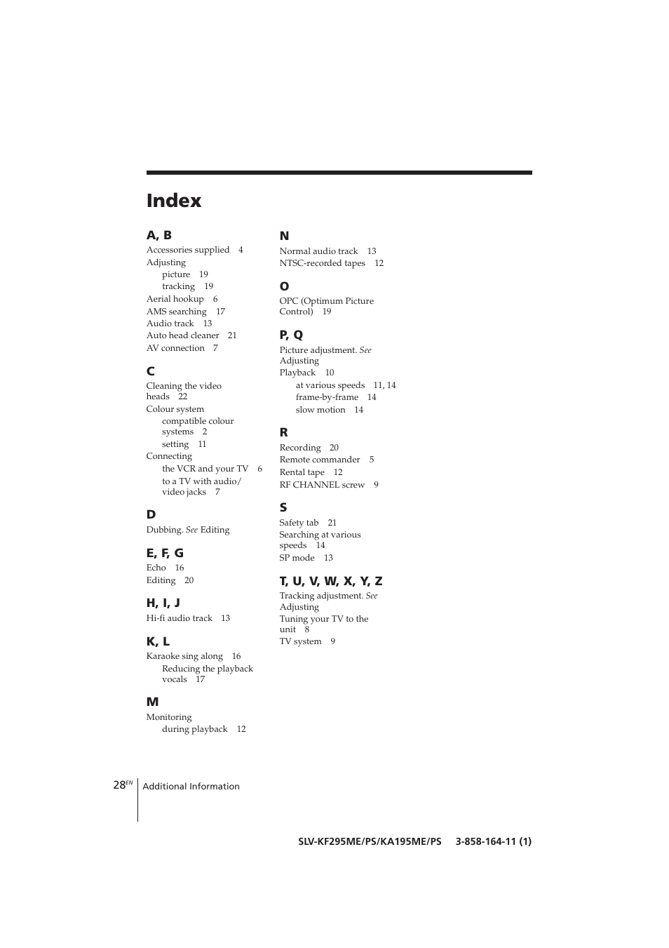 Index, A, b, E, f, g | H, i, j, K, l, P, q, T, u, v, w, x, y, z | Sony SLV-KF295ME User Manual | Page 28 / 28