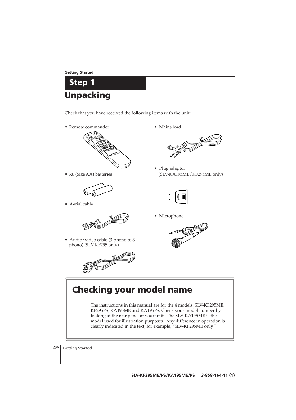 Unpacking, Checking your model name, Step 1 | Sony SLV-KF295ME User Manual | Page 4 / 28