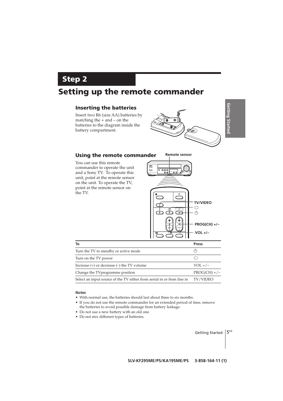 Setting up the remote commander, Step 2, Inserting the batteries | Using the remote commander | Sony SLV-KF295ME User Manual | Page 5 / 28