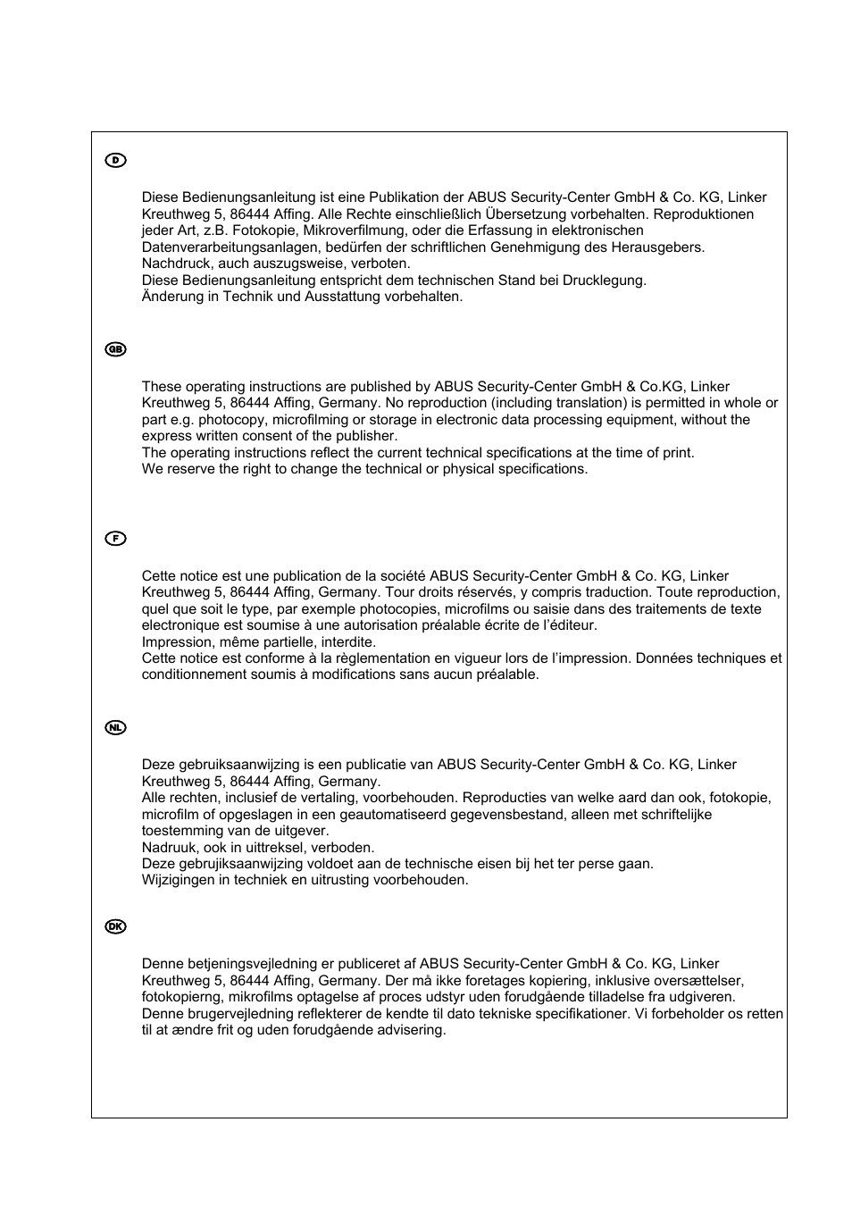 D impressum, Gb imprint, Nl impressum | ABUS TVAC20000 User Manual | Page 52 / 52