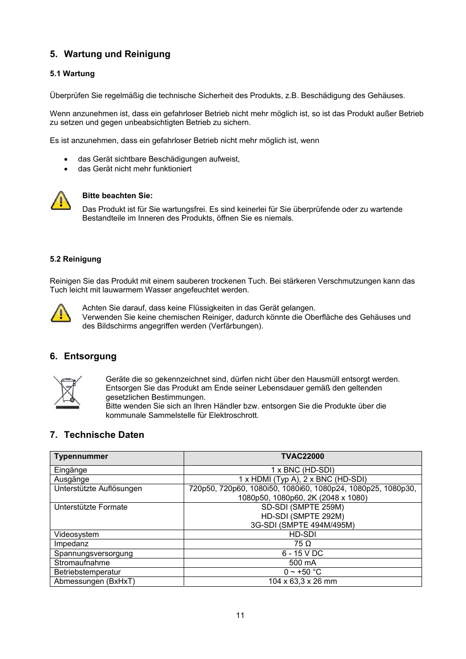 Wartung und reinigung, 1 wartung, 2 reinigung | Entsorgung, Technische daten | ABUS TVAC22000 User Manual | Page 11 / 58