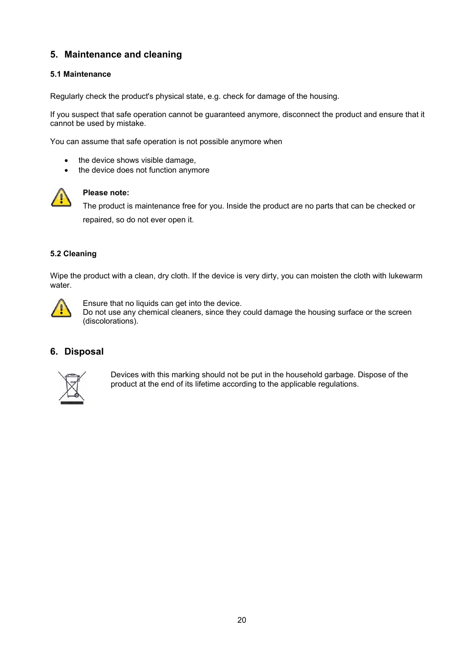 Maintenance and cleaning, 1 maintenance, 2 cleaning | Disposal | ABUS TVAC22000 User Manual | Page 20 / 58