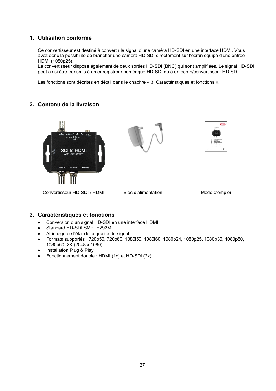 Utilisation conforme, Contenu de la livraison, Caractéristiques et fonctions | ABUS TVAC22000 User Manual | Page 27 / 58