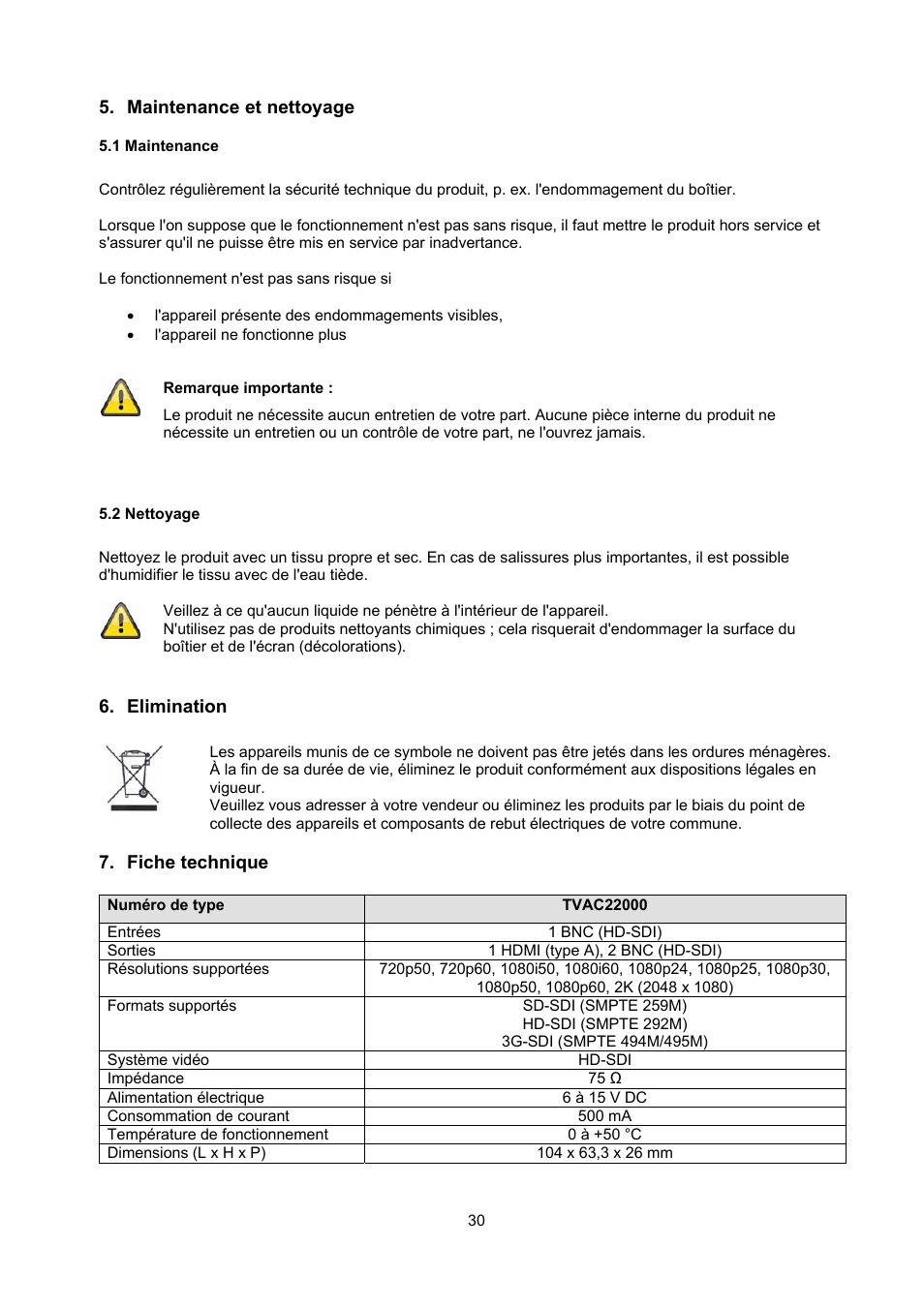 Maintenance et nettoyage, 1 maintenance, 2 nettoyage | Elimination, Fiche technique | ABUS TVAC22000 User Manual | Page 30 / 58