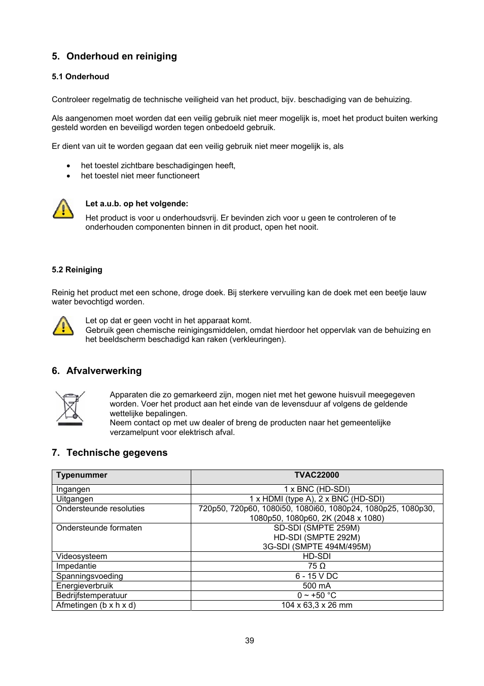 Onderhoud en reiniging, 1 onderhoud, 2 reiniging | Afvalverwerking, Technische gegevens | ABUS TVAC22000 User Manual | Page 39 / 58