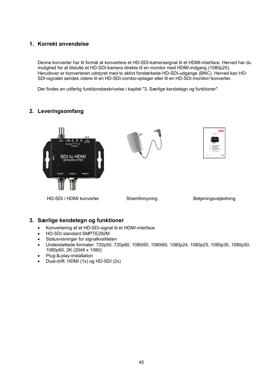 Korrekt anvendelse, Leveringsomfang, Særlige kendetegn og funktioner | ABUS TVAC22000 User Manual | Page 45 / 58