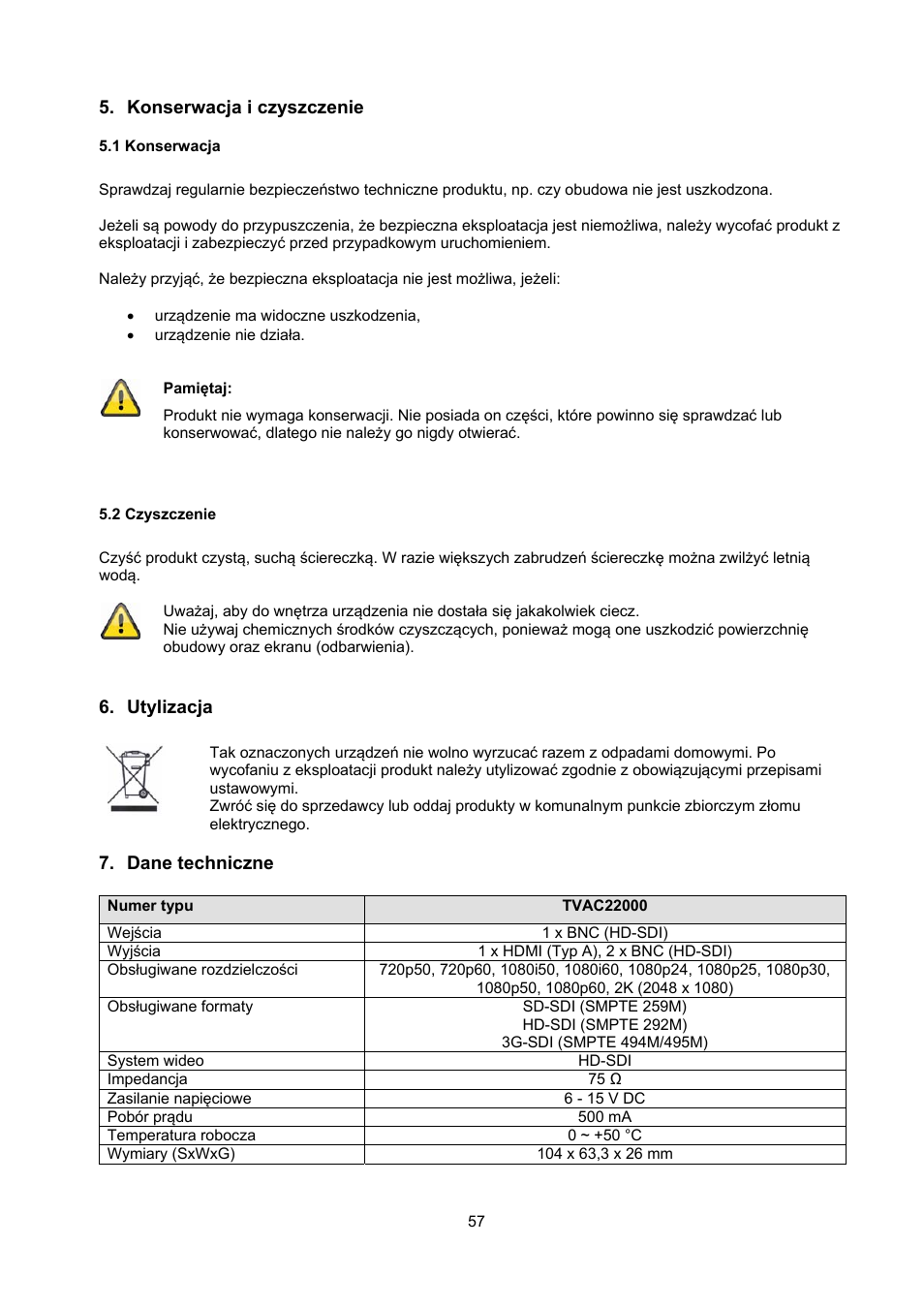 Konserwacja i czyszczenie, 1 konserwacja, 2 czyszczenie | Utylizacja, Dane techniczne | ABUS TVAC22000 User Manual | Page 57 / 58