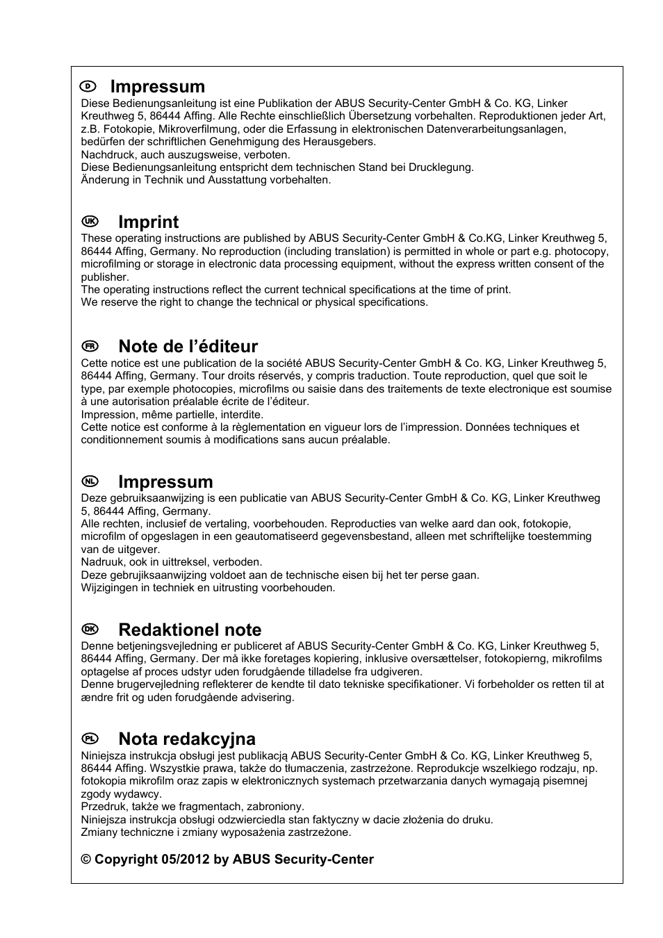D impressum, Uk imprint, Nl impressum | Pl nota redakcyjna | ABUS TVAC22000 User Manual | Page 58 / 58