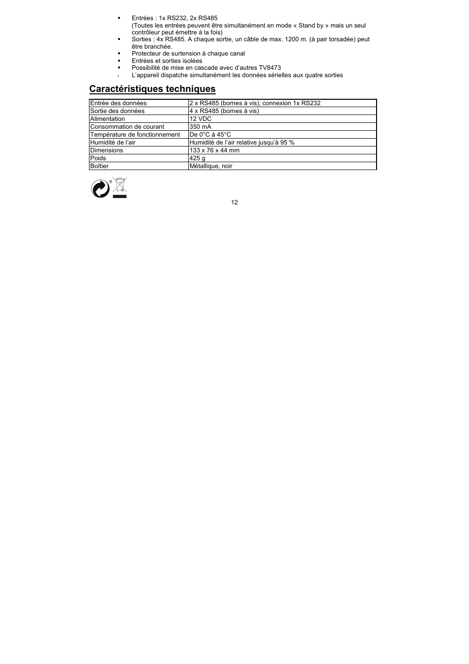 Caractéristiques techniques | ABUS TV8473 User Manual | Page 12 / 25