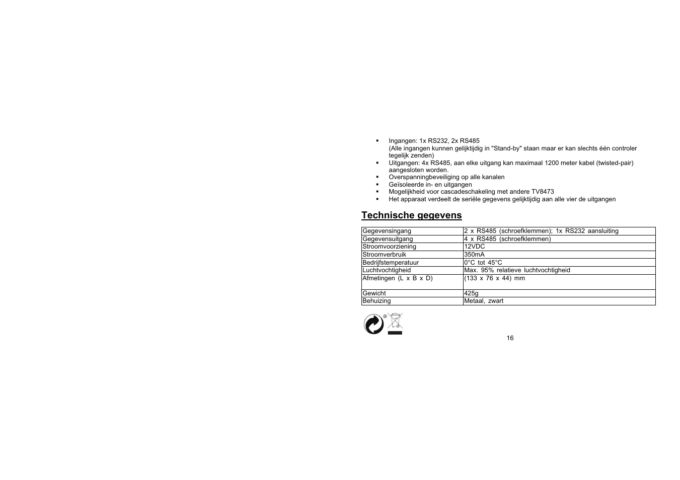 Technische gegevens | ABUS TV8473 User Manual | Page 16 / 25